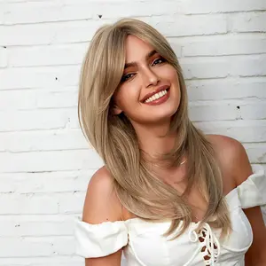 HAIRCUBE 18 Inches Long Straight Blonde Layered Wigs with Bangs Women's Wigs for Daily,Party or Cosplay Use