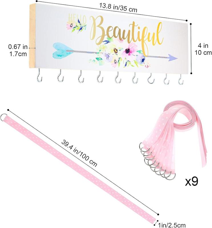 Jetec Hello Beautiful Wall Mount Jewelry Holder with 9 Hooks for Room Decorative Hair Bow & Earring Organizer Lightweight Wood & Metal Hooks 14x4 Inches Hangable Bracelet Display
