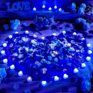 1000 count Artificial Rose Petals with 24 count Flameless Heart Shaped LED Tealights Candles Romantic Night Decorations for Wedding Anniversary Table Decor(White with Blue)