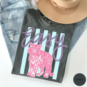 Comfort Colors Everyday Easy Tiger T-Shirt, Girly Trendy Kid Shirt, Women Pink Preppy Prep T-Shirt, Summer Bay Coastal Watercolor Trending Stripes Gift For Women
