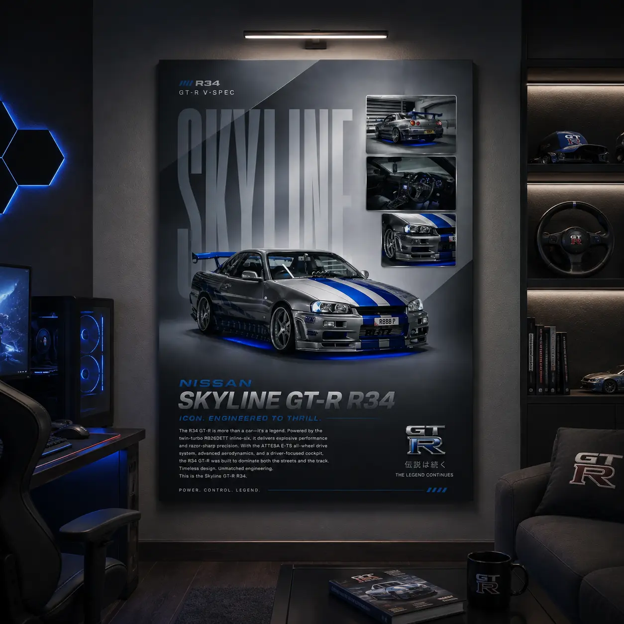 Nissan Skyline GT-R R34 Poster - JDM Car Canvas Wall Art, R34 V-Spec Racing Car Poster, Automotive Wall Decor for Bedroom, Dorm, Game Room, Garage, Office, Man Cave, Gift for Car Enthusiasts