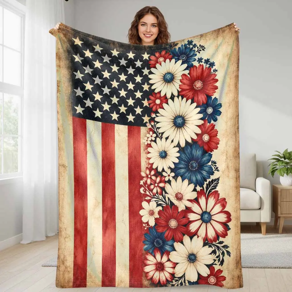 American Flag Floral Flannel Throw Blanket, Vintage Daisy Patriotic Print, Breathable Soft Cozy Lightweight Durable Fade-Resistant, 30*40in/50×60in-127×152cm (Medium)/60×80in-152×203cm (Large), for Sofa Bedroom Business Trips, Farmhouse Decor Gift