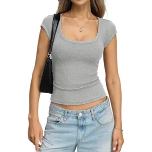 Womens Cotton Ribbed Scoop Neck Short Sleeve Shirts Cap Sleeve Slim Fit Basic Summer Going Out Top