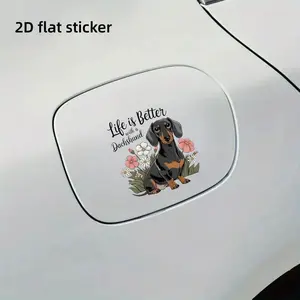 Cute Weiner Dog Floral Design Fuel Tank Cover Sticker, Fun Car Decal for Dog Lovers, 2D Flat Sticker, 1 Piece, Unique Automotive Accessory
