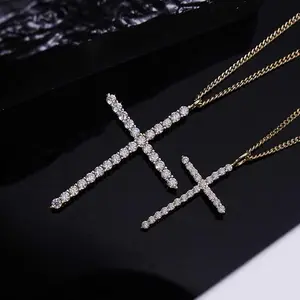 Moissanite Cross Necklace for Women, 925 Sterling Silver Diamond Crucifix Pendant, 14K White Gold Plated Iced Out Jesus Christian Jewelry, Birthday Wedding Christmas Gift (17+2.5” Adjustable Chain, with Box)