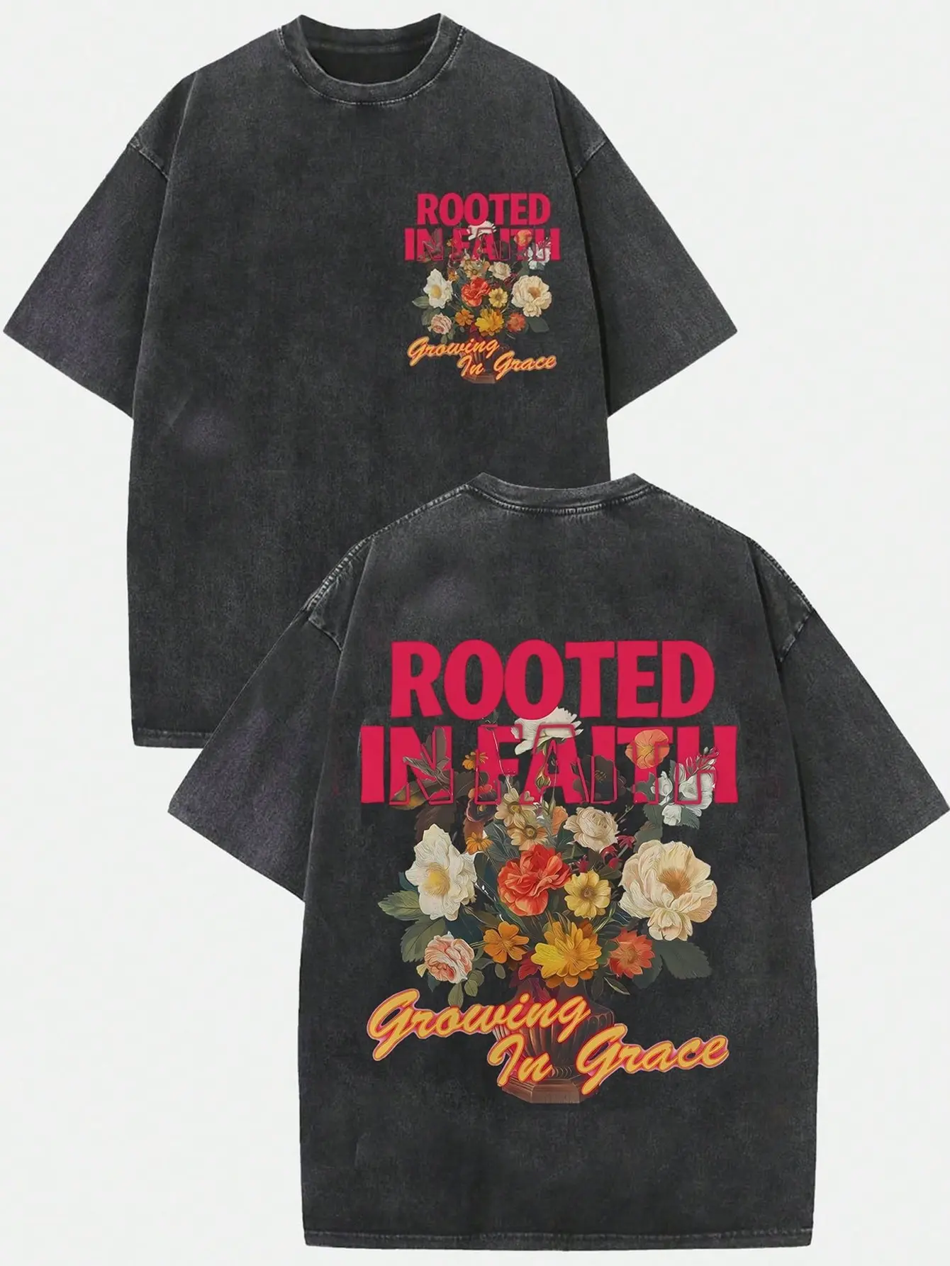Men's Casual Oversized Vintage Washed Distressed T-Shirt - Rooted In Faith Growing In Grace, Retro Floral Bible Verse, Christian Clothing, Religious Apparel Gift, Graphic Tees Women, Oversized Tshirt Women, Vintage Graphic Tees, T Shirts For Women, Floral
