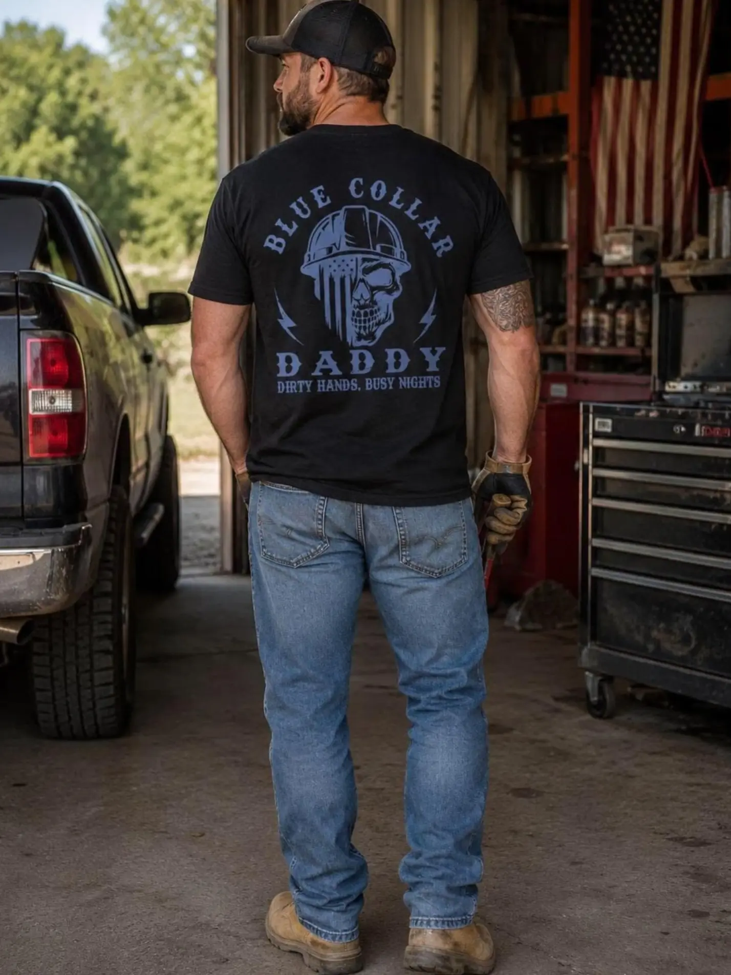 Blue Collar Daddy T-Shirt, Hard Hat Skull American Flag Back Print Graphic Tee, Construction Worker Dad Gift Black Shirt Men