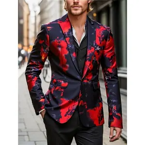 Men'sSlimFitGeometricFlamePrintBlazer-Red&NavyBlueParty&FormalJacket,MachineWashableAll-SeasonNotchLapelwithPockets,EveningWear|FloralPrintSuit|NonstretchFabric