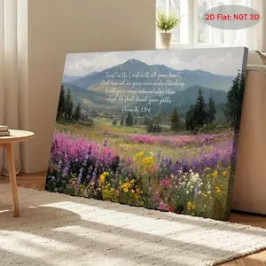 2D Flat, 1pc Proverbs 3:5-6 Bible Verse Wall Art - Christian Scripture Painting with Mountain Landscape & Wildflowers, Wrapped Canvas Frame, Vintage Style Religious Decor for home, Church, for bedroom, Living Room - Inspirational Gift for all, 2D	