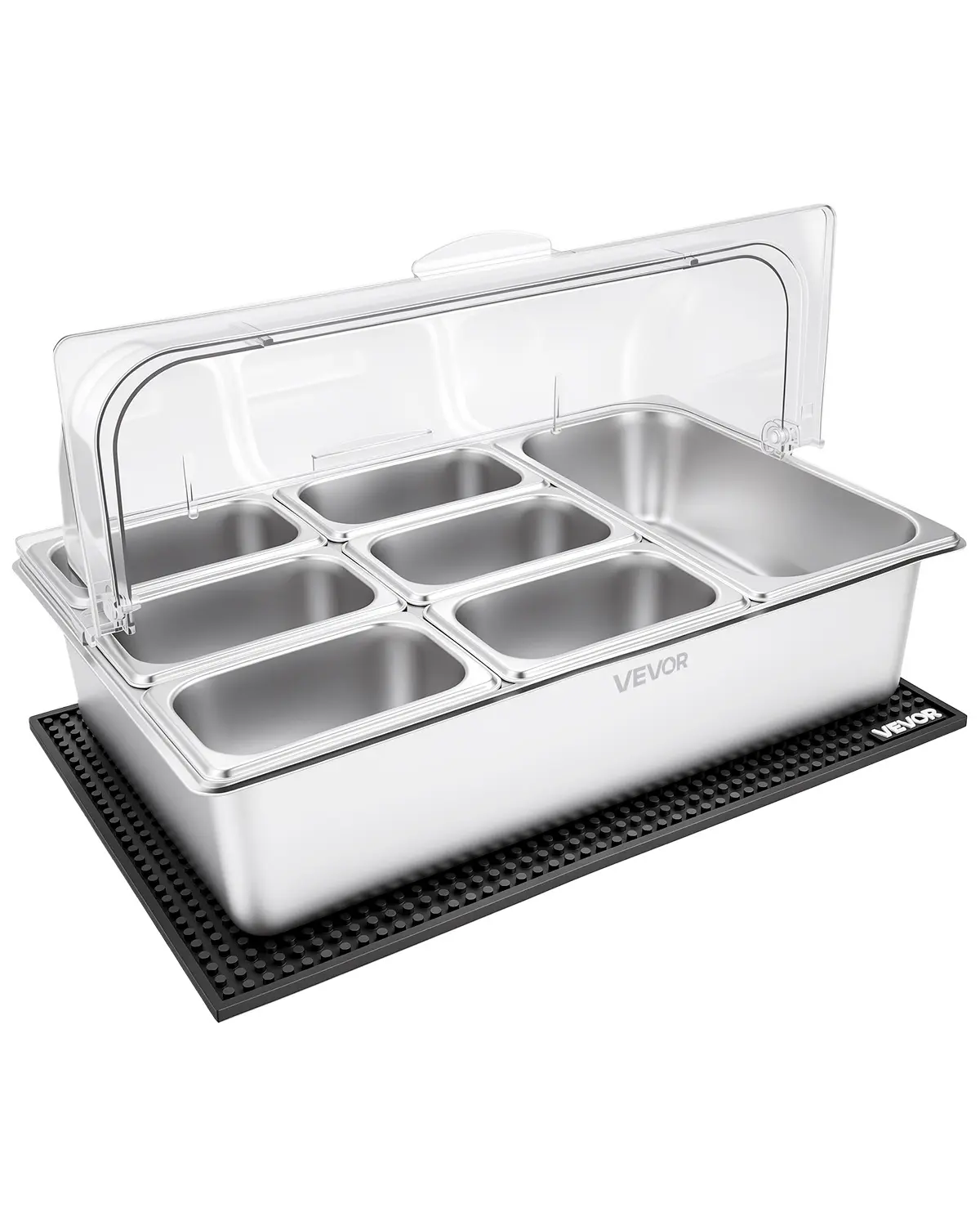 VEVOR Countertop Food Serving Display Container, Stainless Steel Food Salad Server Tray, Buffet Condiment Dispenser, Ice Cooled Rack with Clear Roll Top Cover, for Restaurant Hotel (1x1/3+6x1/9 Pan)