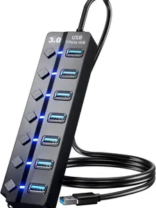 USB 3.0 Hub, PANPEO 7-Port USB Data Hub Splitter with 3ft Long Cable USB Extension for Laptop,PC Computer,Surface Pro, PS4/5, Flash Drive, Mobile HDD - with LED Individual On/Off