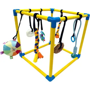 Puppy Play Gym with 8 Hanging Toys, Small Dogs Indoor Jungle Gym, PVC Frame with Bungee Straps Enrichment Activity Center