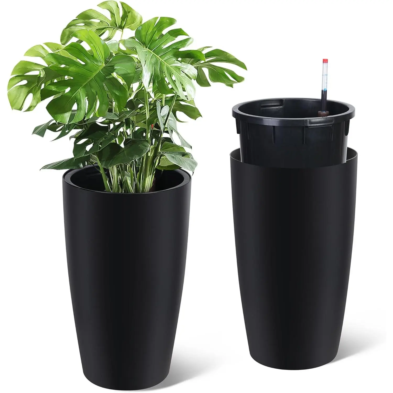 Garvee 22 in Tall Classic Large Plastic Flower Pots & Planters Set of 2 - Indoor & Outdoor, Planters for Outdoor Plants, Automatic Watering, Water Level Monitor, Removable Inner Bucket, Drainage Holes, Hidden Handles for Patio & Commercial Use