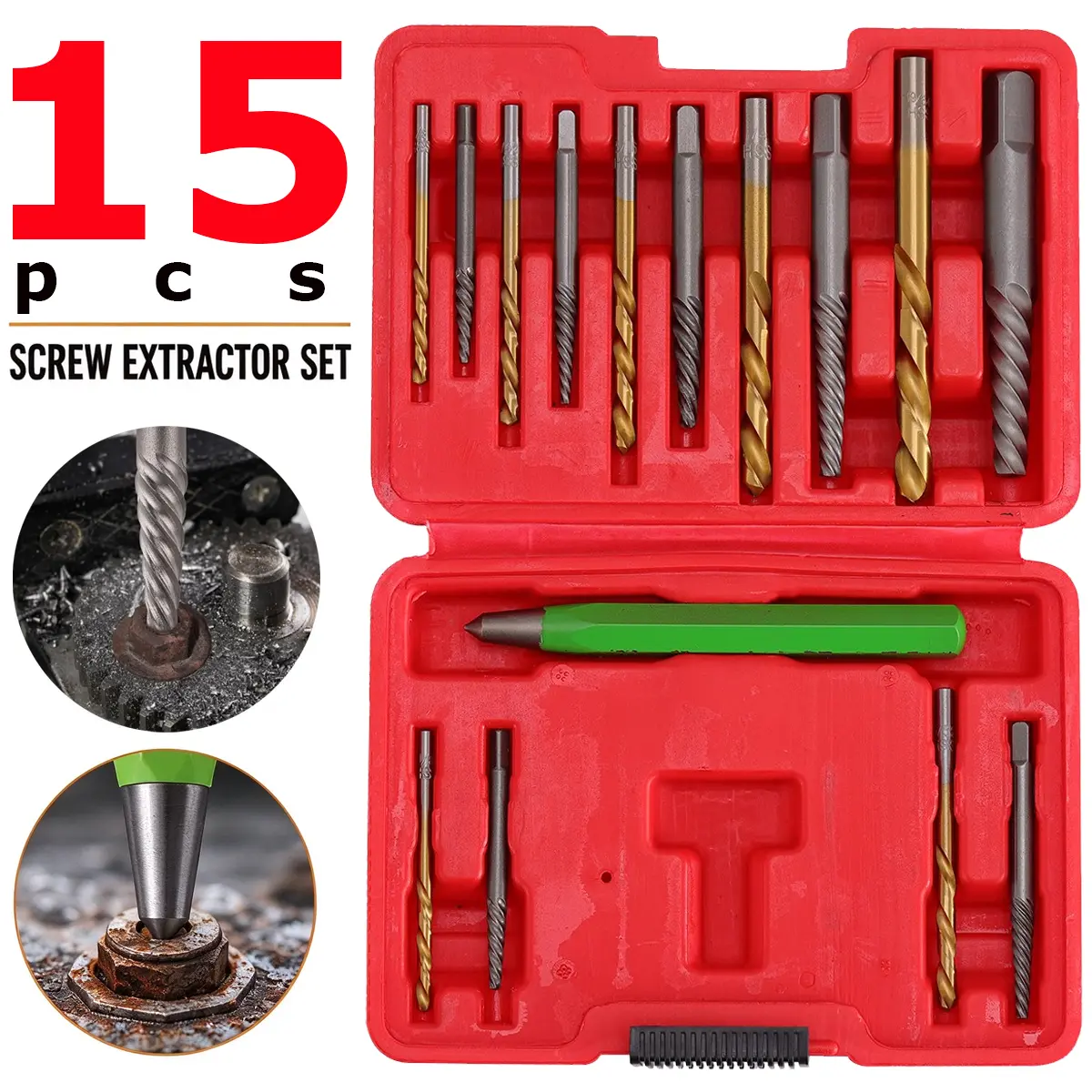 15 Piece Screw Extractor Kit with 6542 HSS Cobalt Left Hand Drill Bits and 37# Cr-Mo Easy-Out Extractors for Remove Stripped Screws, Includes Center Punch and Storage Case