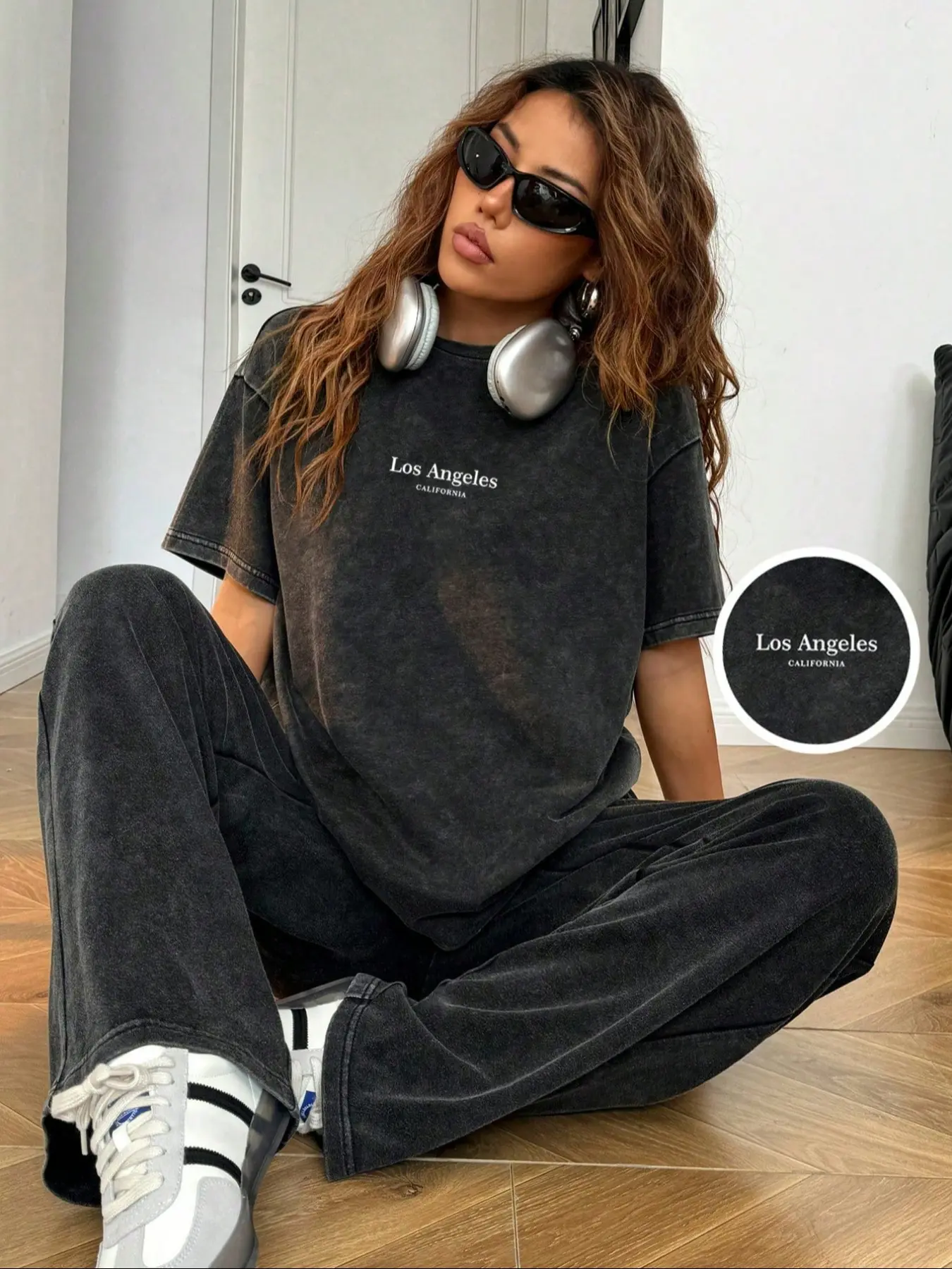 Women's Casual Loose-Fit Cotton Pajama Set, Short Sleeve Long Pants, Water Washed Vintage Style, All-Season Comfortable Sleepwear