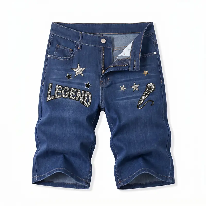 Men’s blue denim shorts, vintage street style, embroidered details, distressed effect, straight cut, versatile mid-length (knee-length), denim streetwear apparel