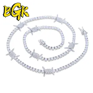 BGK - New Geometric CZ Bar Barbed Wire Charm Necklace With 3MM Tennis Chain 5A Cubic Zirconia Fashion Women Men Hiphop Jewelry Valentine's Day Gift for Men & Women & Boy & Girl Mothers' Day Gift #Springtok