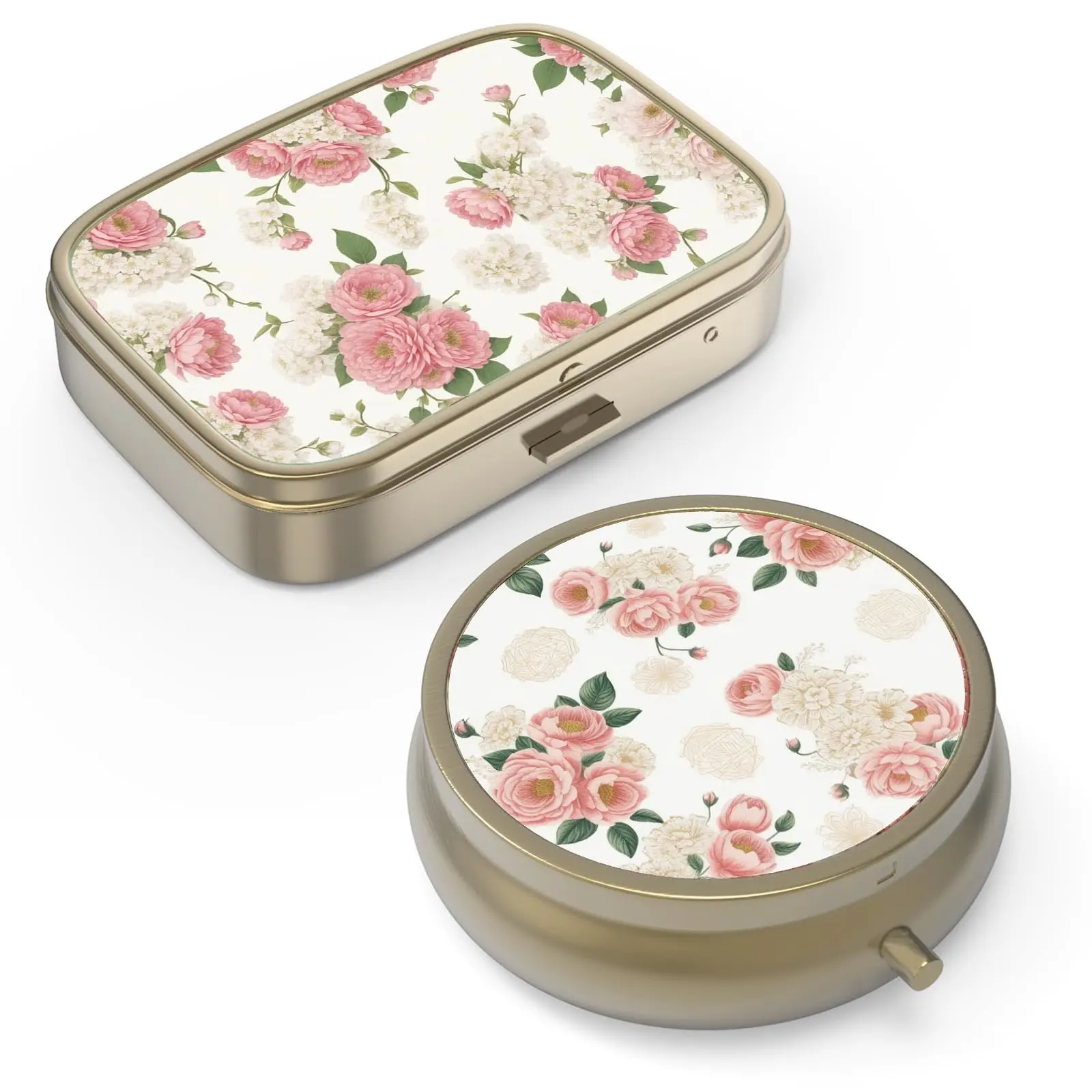 Pill Organizer with Mirror, Small Pink Rose Design, Travel Gift for Purse or Pocket, Includes Vitamins, Fish Oil & Travel Essentials