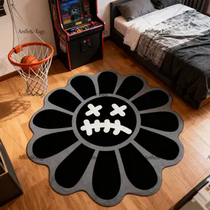 Round Bedroom Carpet, Fashionable Floral Mat, Creative Hip-Hop Style, Soft Comfortable Plush Rug, Hand Wash Only, Suitable for Living Room, Floral Washable Rug, Floral Shaped Rug