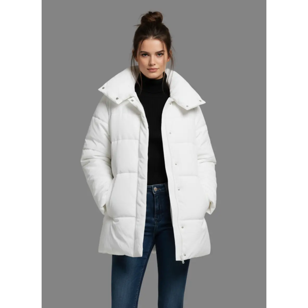 White Hooded Puffer Jacket - Long Sleeve Casual Minimalist All Seasons Basic Womenswear Coats for Everyday Wear