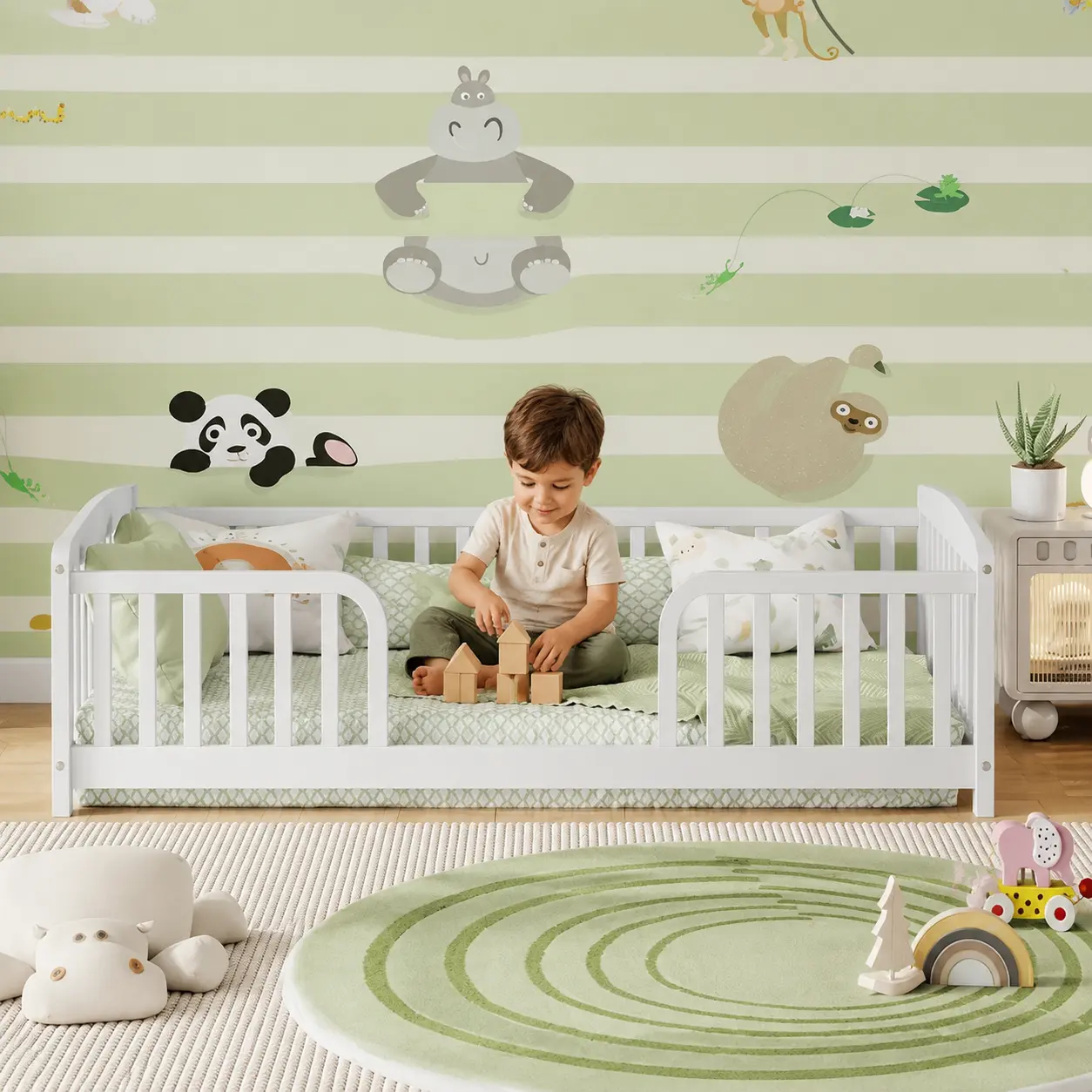 Kids Floor Bed with Guardrails and Central Entrance, Pine Wood Kids Bed Frame