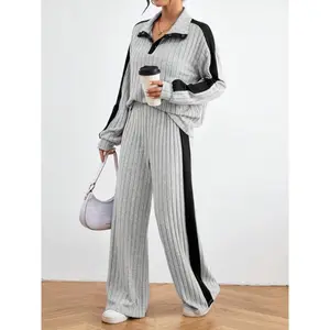 Color Block Casual 2pcs/Set Outfit,Ladies Spring/Fall Casual Button,Side Stripe,Zipper Extra-Long Sleeve Loose Grey Drop Shoulder Blouse,Sweatshirt Pants Women Two-Piece Outfits , Casual Daily Wear