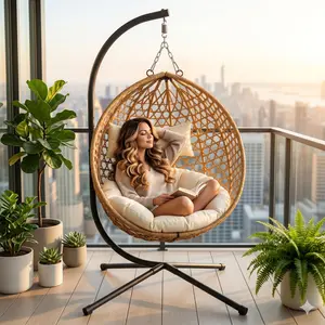 Folding PE Rattan Hanging Egg Chair with Stand, Yellow Powder-Coated Swing Chair, Aluminum-Steel Frame Hammock Swing Basket for Patio, Bedroom, Powder-Coated Swing Chairs