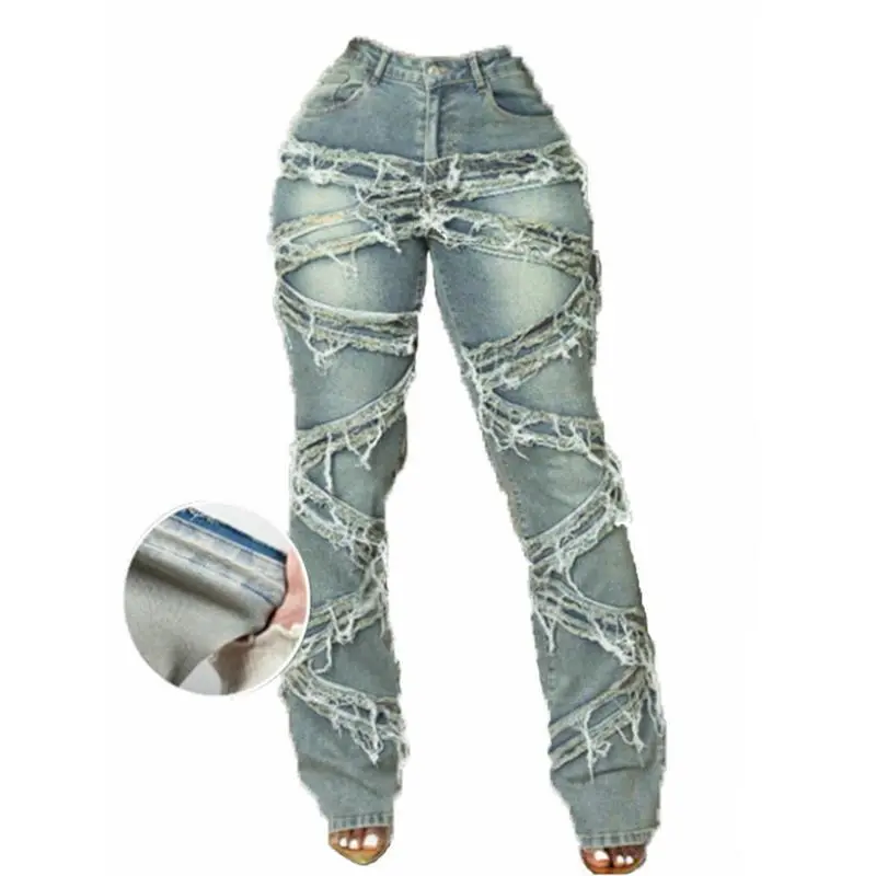 Women's High-Stretch 90s Distressed Frayed Tassel Jeans with Slant Pockets, Polyester Blend Streetwear Bottoms for Everyday Wear, Hip Hop Events - Jeans for Women with Distressed Look, Denim Pants