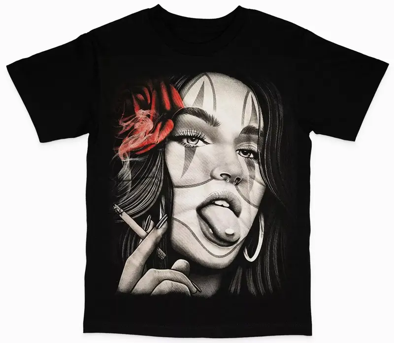 Bad Girl Chola T-Shirt | Smoking Girl with Rose | Gangster Tattoo Style | Urban | Menswear | Top