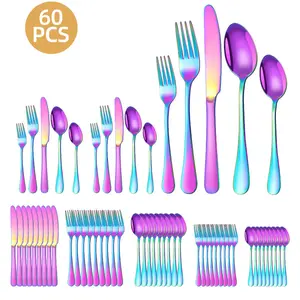 60-Piece Stainless Steel Rainbow Flatware Set Silverware Set, Iridescent Cutlery Utensils Set Service For 12, Mirror Polished, Dishwasher Safe Ideal