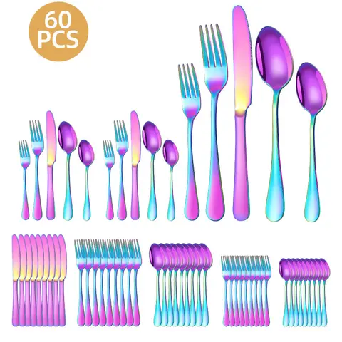 60-Piece Sturdy Retro Metal Rainbow Stainless Steel Flatware Set for Adults (Above 11 People) - Iridescent Kitchen Cutlery Utensils, Mirror Polished, Dishwasher Safe Dinner Sets with Steak Knives, Spoons