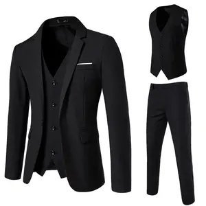 Men’s slim-fit three-piece formal suit set: single-button solid color business blazer, vest, and long pants; suitable for weddings, dances/balls, and parties.