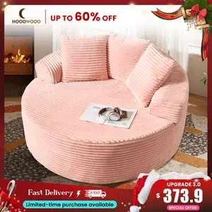 HOOOWOOO 59"W Oversized Round Sofa Bed - Fluffy Lazy Bean Bag Chair Chaise Lounge, Modern Deep Seat Couch for Relaxation, Plush Corduroy Fabric, 3 Pillows included, No Assembly Required