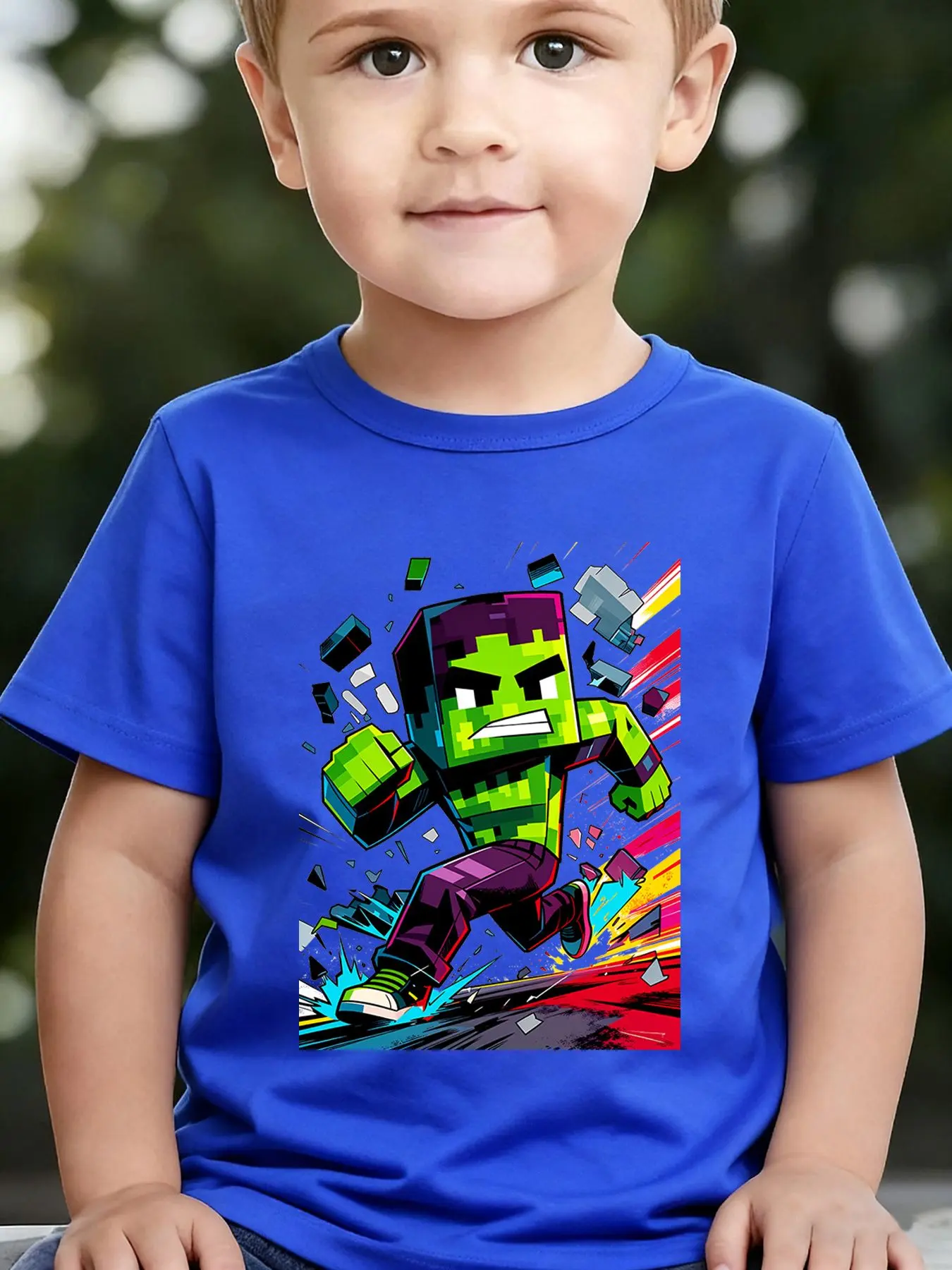 Boys' Summer Breathable & Comfortable "Pixelated Hulk" Cartoon Print (3-12Y) Casual Sports T-Shirt
