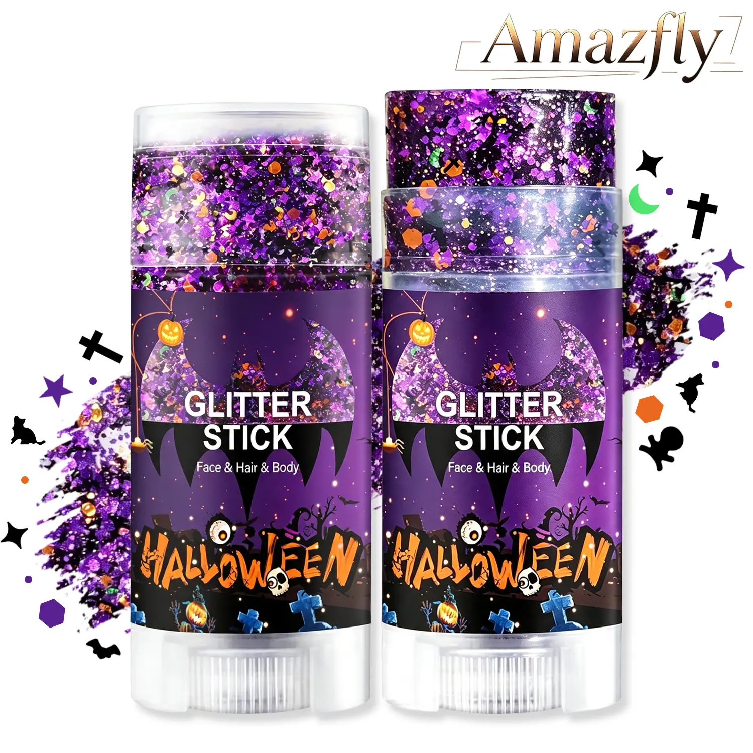 Halloween Body Glitter Stick - Mess-Free Face & Hair Chunky Glitter Gel, Waterproof Orange Purple Black Pumpkin Bat Skeleton Sequin Glitter Paint for Festival Carnival Makeup, Kids & Women