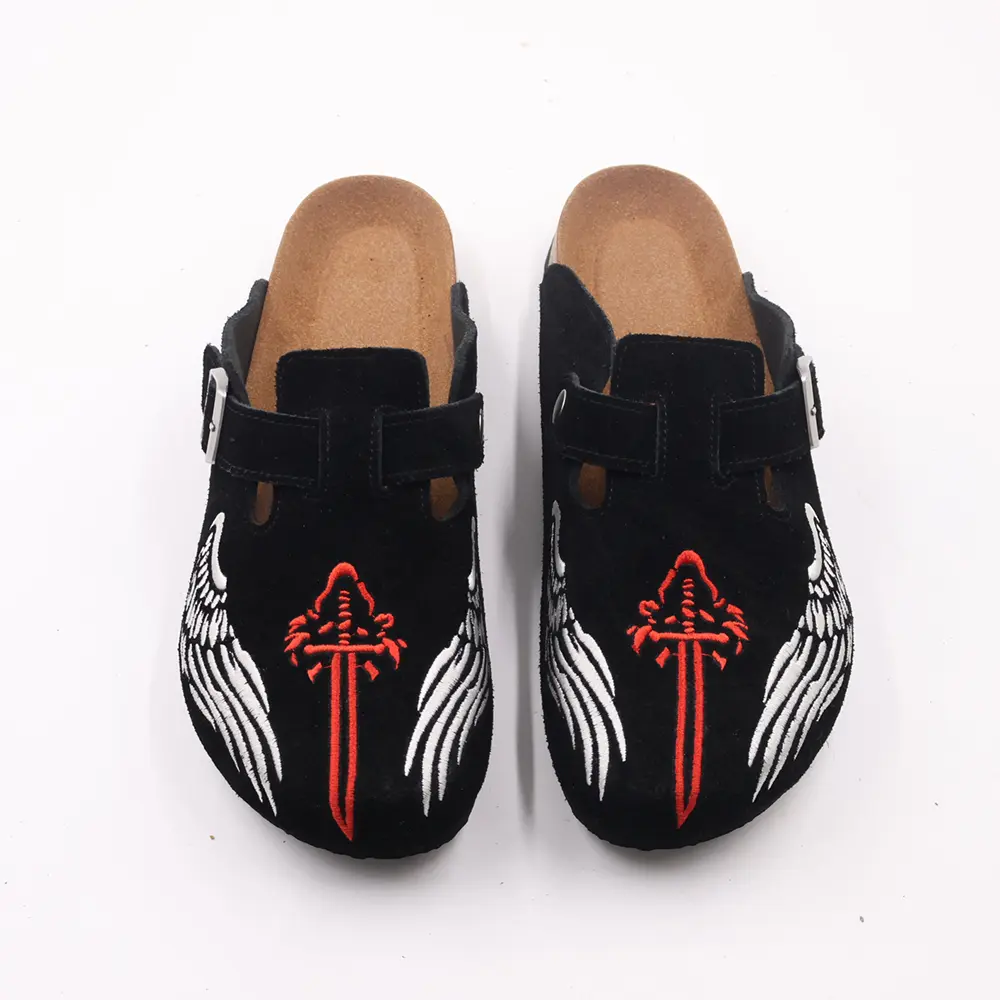 Black Suede Clogs for Men, Sword & Angel Wings Embroidery, Soft Cork Footbed Slip‑On Mules, Gothic Punk Adjustable Buckle Slides  casual  shoe