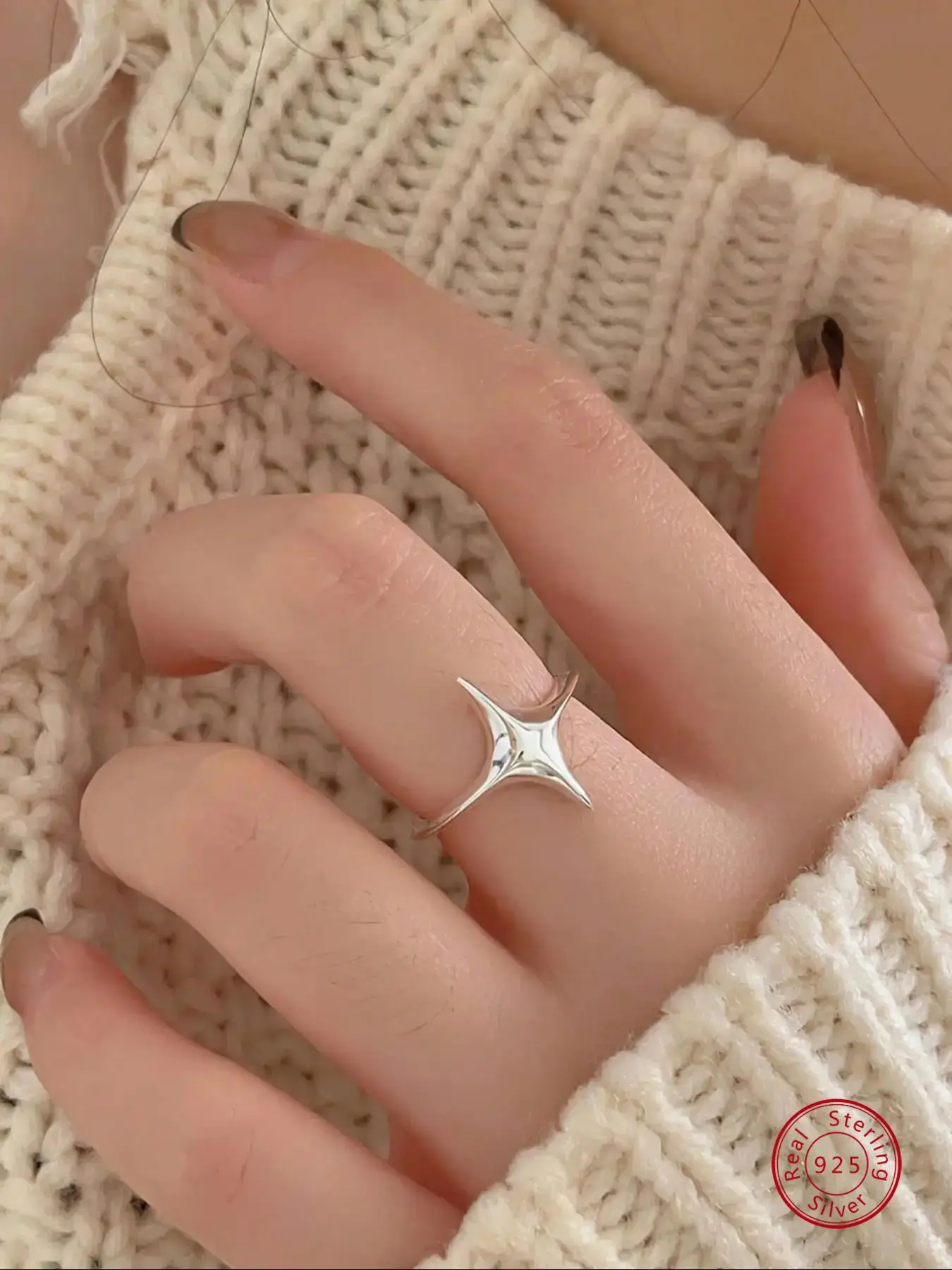 S925 Sterling Silver Star Decor Cuff Ring, Fashionable Adjustable Ring for Women & Girls, Casual Jewelry for Party, Daily Clothing Decor, Trendy All-m