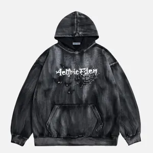 Aelfric Eden Embroidery Bat Spider Washed Pullover Hoodie Vintage Stonewash Fleece  Bat Spider Design Oversized Unisex Streetwear with Kangaroo Pocket