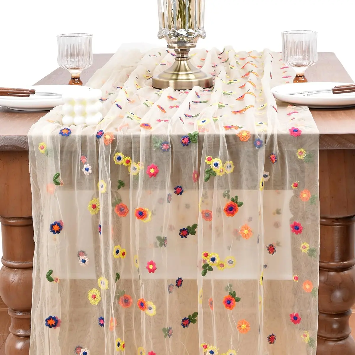 Flower Table Runner Floral Daisy Summer Birthday Party Garden Wedding Decor | Champagne 10ft Embroidery Wildflower Tulle Seasonal Tea Party Bridal Shower Holiday Picnic Home Table Decorations