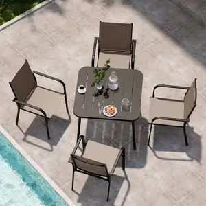 LAUSAINT HOME 5-Piece Outdoor Dining Set, Patio Furniture Set with Textilene Chairs and Square Metal Table, All-Weather Table and Chairs Set with Umbrella Hole for Backyard, Garden, and Poolside