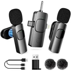 2 Pack 4 in 1 Wireless Lavalier Microphone for iPhone Android Camera Laptop PC, Mini Clip on Mic with 360 °   Adjustable Noise Cancelling for Video Recording Vlog, YouTube, (L2)