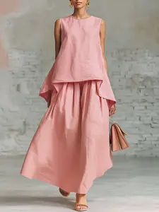 Women's Summer Solid-Color 2-Piece Womenswear Set, Sleeveless Round-Neck Top with Asymmetrical Layered Hem, High-Waisted Elastic Ruched Flared Maxi Skirt - Artsy Vacation Outfit