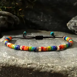 Handmade LGBTQ Bracelet Natural Rainbow 7 Charka Tibetan Beads Mixed Gemstone Healing Reiki Crystal Women Men Minimalist Adjustable Bracelet