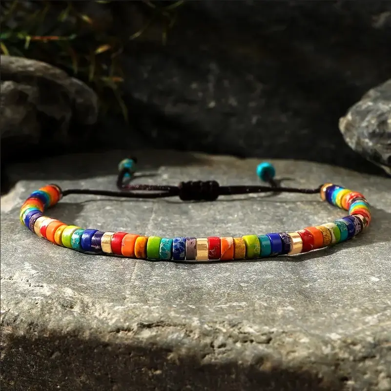 Handmade LGBTQ Beaded Bracelet - Natural Rainbow 7 Chakra Tibetan Beads, Mixed Gemstone Healing Reiki Crystal, Minimalist Adjustable for Men Women, Beaded Bracelets