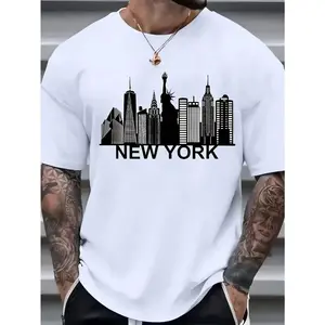 Men’s New York Skyline Graphic T-Shirt, Casual Short Sleeve Crew Neck Tee with City Landmark Silhouette Print, Comfortable Lightweight Urban Style Streetwear Top for Daily Wear, Travel, Vacation, and Gift for City Lovers