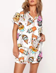 Women's Horror Movie Summer Popsicle Pajama Set, Halloween Satin Pajama