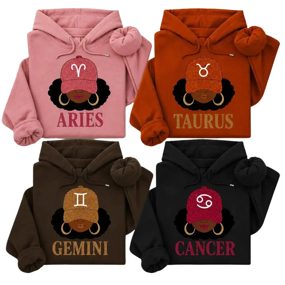 Full 12 Zodiac Astrology Hoodie for Men and Women, Afro Zodiac Sign Hooded Sweatshirt, Cozy Horoscope Graphic Pullover, Perfect Gift for Zodiac Lovers - DarkFlex