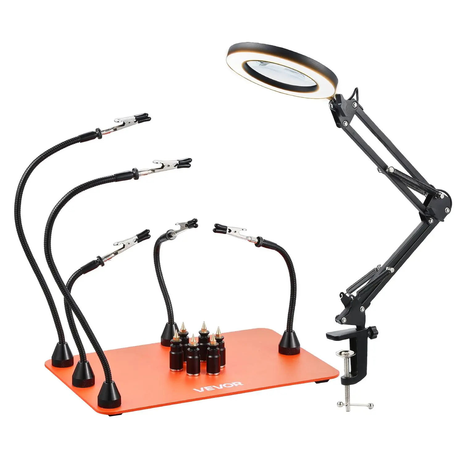VEVOR 2-In-1 Magnetic Helping Hands Soldering Station, 3X Magnifier Lamp with Adjustable Lights, 5 Flexible Arms, 6 Magnetic Pillar PCB Holders, Heavy-Duty Steel Base for PCB Repair, Arts and Crafts (Father's Day Gift), 5 Color Temperatures, 3X Magnifying