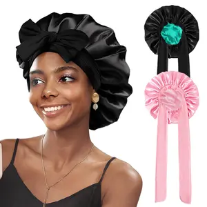 ZIHAN Satin Bonnet for Sleeping Night Sleep Hat with Tie Band for Women Natural Hair Shower Cap Black & Pink Bathroom Essential Comfortable Secure Fit Haircare