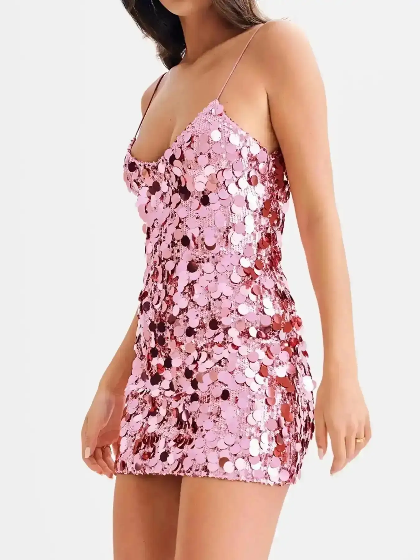 Trendy Formal Evening Gown, Backless Glitter Sequins Cami Party Dress, Elegant Adjustable Spaghetti Strap Mini for Club Dating Wear, Ladies Clothes All Seasons, Womenswear, Relaxed Fit, Seasonless, Chic, Every Season